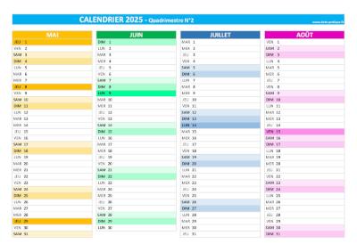 Calendrier 2025 quadrimestriel : quadrimestre N°3.