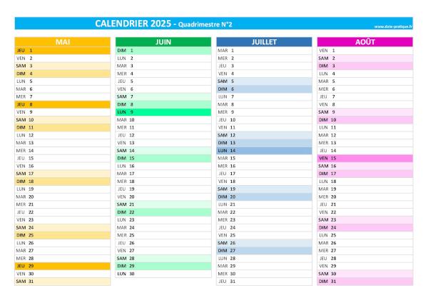 Calendrier 2025 vierge Quadrimestre N°2 : mois de mai, juin, juillet et août 2025.