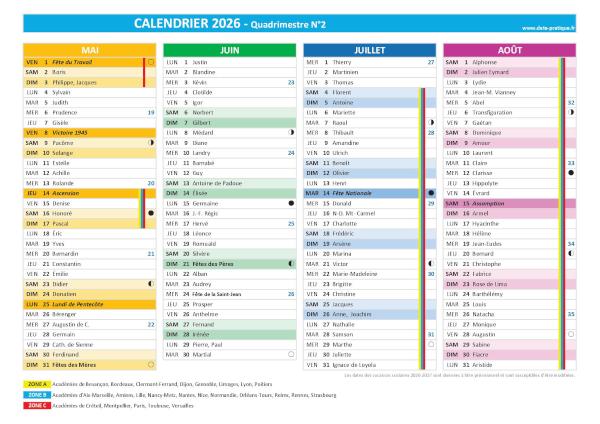 Calendrier 2026 Quadrimestre N°2 : mois de mai, juin, juillet et août 2026.
