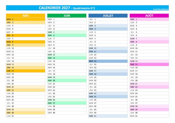 calendrier 2027 quadrimestriel : quadrimestre N°2.