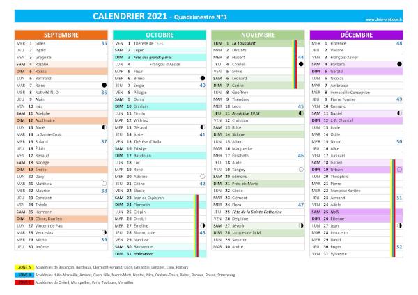 Calendrier 2021 quadrimestre N°3 : mois de septembre, octobre, novembre et décembre 2021.