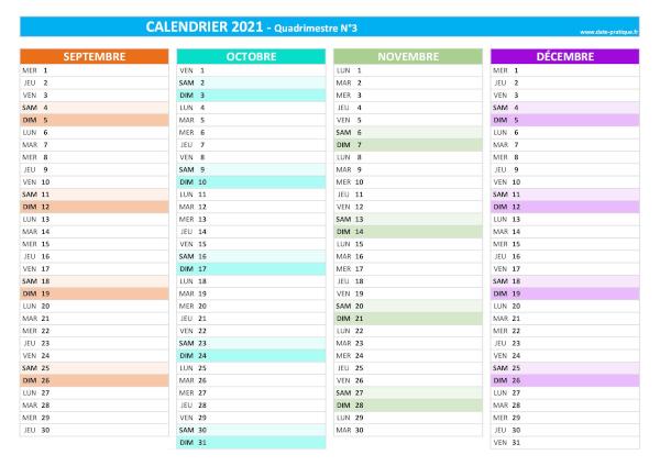 Calendrier 2021 vierge quadrimestre N°3 : mois de septembre, octobre, novembre et décembre 2021.