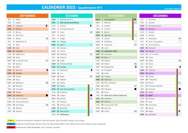 Calendrier 2022 quadrimestre N°3 : mois de septembre, octobre, novembre et décembre 2022.