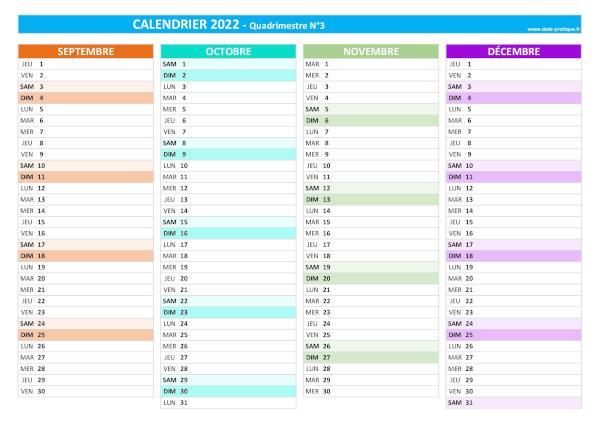 Calendrier 2022 vierge quadrimestre N°3 : mois de septembre, octobre, novembre et décembre 2022.