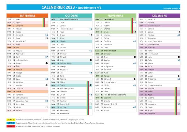 Calendrier 2023 quadrimestre N°3 : mois de septembre, octobre, novembre et décembre 2023.