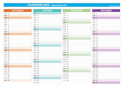 Calendrier 2023 vierge pour les mois de septembre, octobre, novembre, décembre 2023.