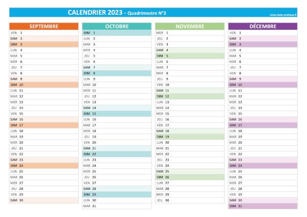 Calendrier 2023 vierge quadrimestre N°3 : mois de septembre, octobre, novembre et décembre 2023.