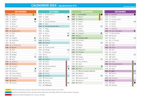 Calendrier 2024 quadrimestre N°3 : mois de septembre, octobre, novembre et décembre 2024.