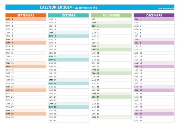 Calendrier 2024 vierge quadrimestre N°3 : mois de septembre, octobre, novembre et décembre 2024.