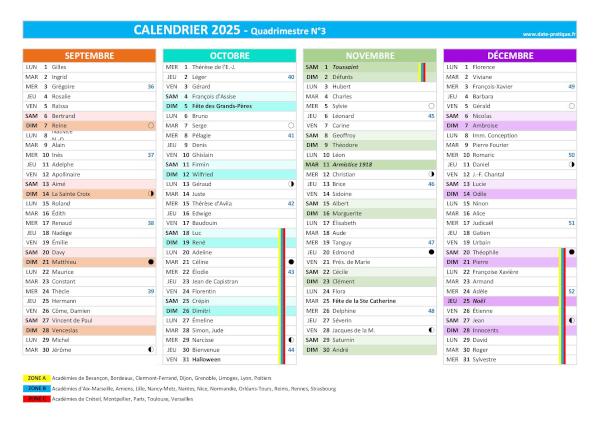 Calendrier 2025 quadrimestre N°3 : mois de septembre, octobre, novembre et décembre 2025.