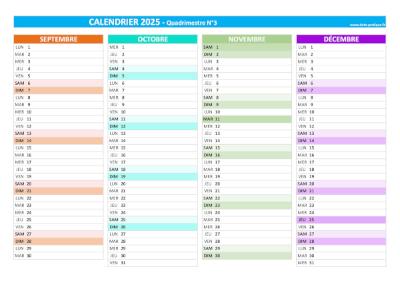 Calendrier 2025 vierge pour les mois de septembre, octobre, novembre, décembre 2025.