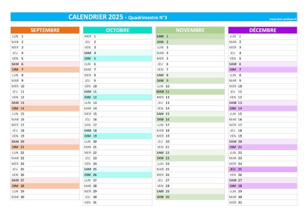 Calendrier 2025 vierge quadrimestre N°3 : mois de septembre, octobre, novembre et décembre 2025.