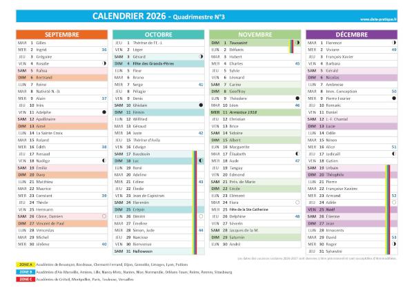 Calendrier 2026 quadrimestre N°3 : mois de septembre, octobre, novembre et décembre 2026.