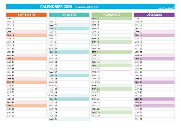Calendrier 2026 vierge quadrimestre N°3 : mois de septembre, octobre, novembre et décembre 2026.