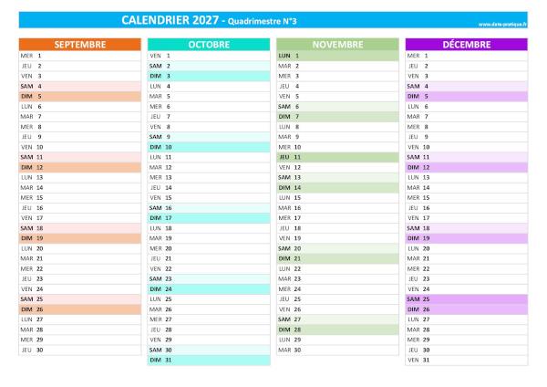 Calendrier 2027 vierge quadrimestre N°3 : mois de septembre, octobre, novembre et décembre 2027.