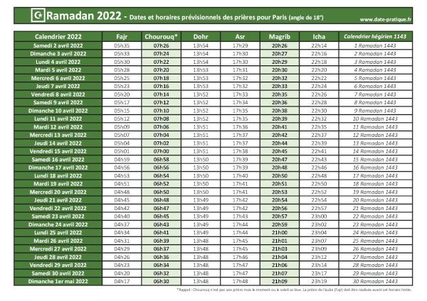 Calendrier 2022 pour le mois de ramadan avec les dates de début et de fin ainsi que celles des prières, thème vert.
