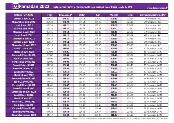 Calendrier 2022 pour le mois de ramadan avec les dates de début et de fin ainsi que celles des prières, thème violet.