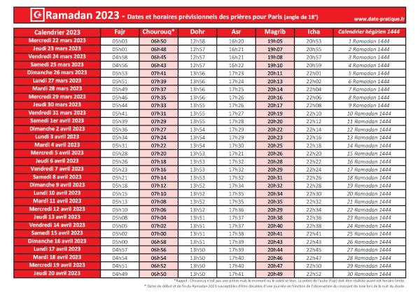 Calendrier 2023 pour le mois de ramadan avec les dates de début et de fin ainsi que celles des prières, thème rouge.