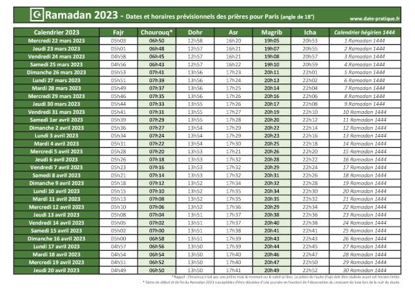 Calendrier 2023 pour le mois de ramadan avec les dates de début et de fin ainsi que celles des prières, thème vert.