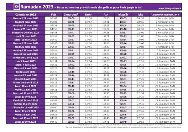 Calendrier 2023 pour le mois de ramadan avec les dates de début et de fin ainsi que celles des prières, thème violet.