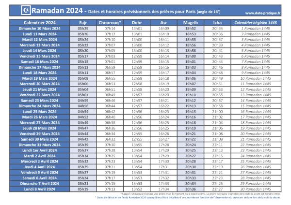 Ramadan 2024 : dates, calendrier et heures des prières