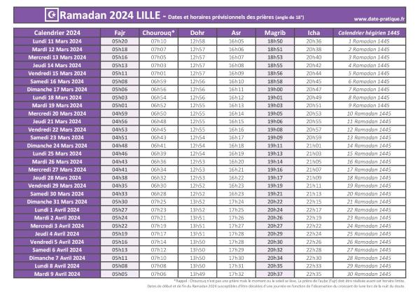 Calendrier 2024 pour le mois de ramadan avec les dates de début et de fin ainsi que celles des prières, thème violet.