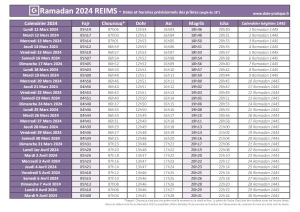 Calendrier 2024 pour le mois de ramadan avec les dates de début et de fin ainsi que celles des prières, thème violet.