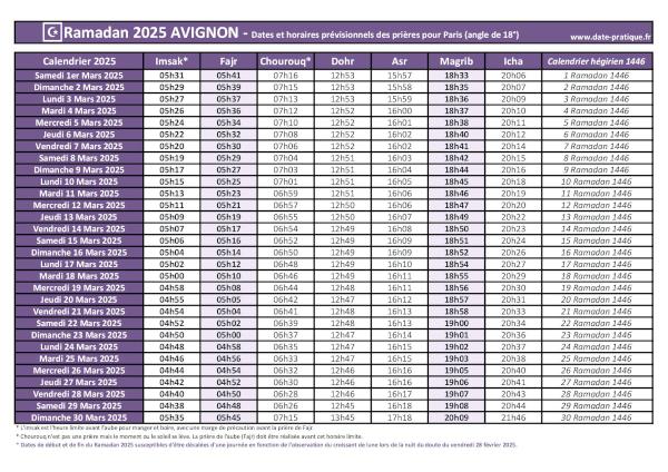 Calendrier 2025 pour le mois de ramadan avec les dates de début et de fin ainsi que celles des prières, thème violet.
