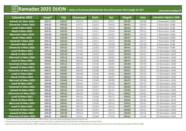 Calendrier 2025 pour le mois de ramadan avec les dates de début et de fin ainsi que celles des prières, thème vert.