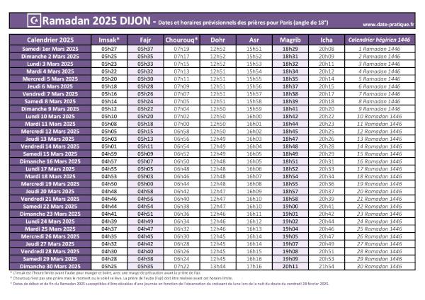 Calendrier 2025 pour le mois de ramadan avec les dates de début et de fin ainsi que celles des prières, thème violet.