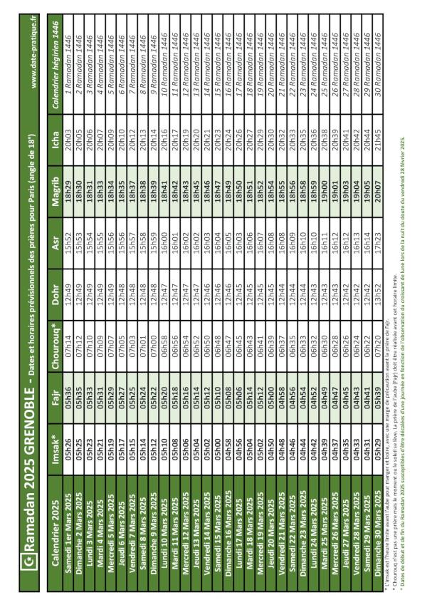 Calendrier 2025 pour le mois de ramadan avec les dates de début et de fin ainsi que celles des prières, thème vert.