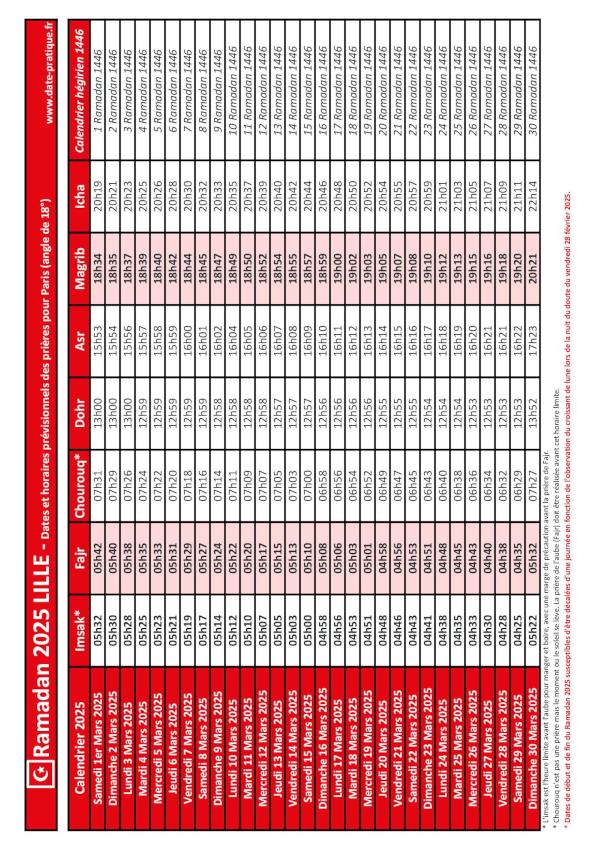 Calendrier 2025 pour le mois de ramadan avec les dates de début et de fin ainsi que celles des prières, thème rouge.
