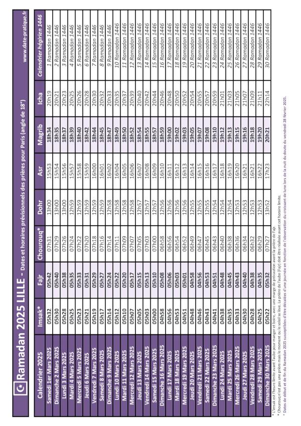 Calendrier 2025 pour le mois de ramadan avec les dates de début et de fin ainsi que celles des prières, thème violet.