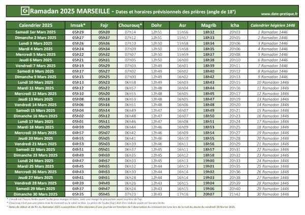 Calendrier 2025 pour le mois de ramadan avec les dates de début et de fin ainsi que celles des prières, thème vert.