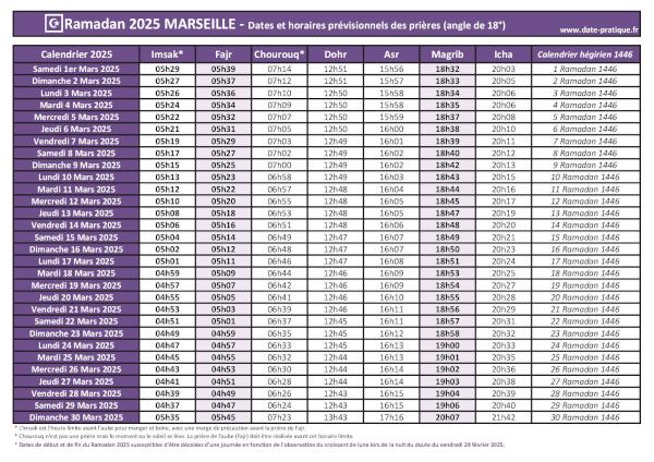Calendrier 2025 pour le mois de ramadan avec les dates de début et de fin ainsi que celles des prières, thème violet.