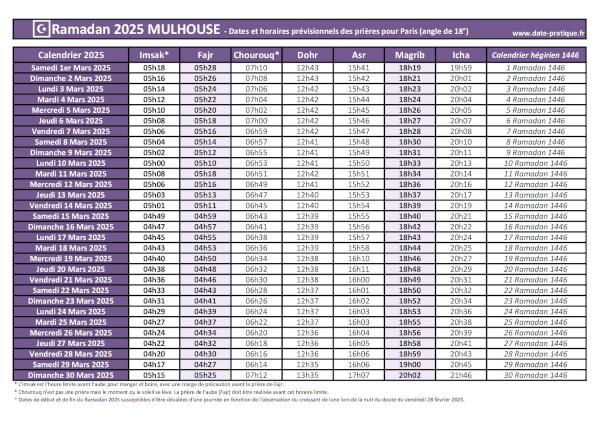 Calendrier 2025 pour le mois de ramadan avec les dates de début et de fin ainsi que celles des prières, thème violet.