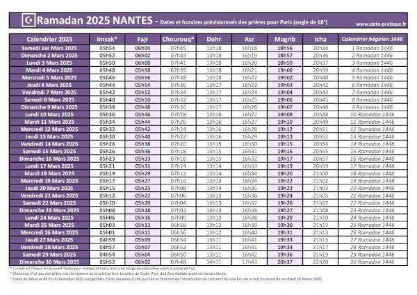 Calendrier 2025 pour le mois de ramadan avec les dates de début et de fin ainsi que celles des prières, thème violet.