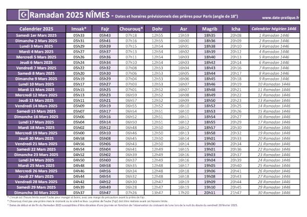 Calendrier 2025 pour le mois de ramadan avec les dates de début et de fin ainsi que celles des prières, thème violet.