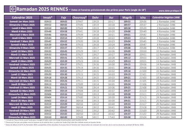 Calendrier 2025 pour le mois de ramadan avec les dates de début et de fin ainsi que celles des prières, thème violet.
