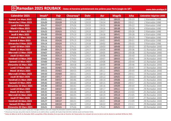 Calendrier 2025 pour le mois de ramadan avec les dates de début et de fin ainsi que celles des prières, thème rouge.