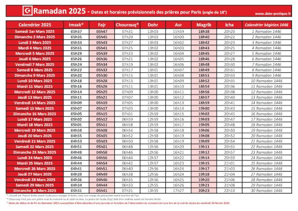 Calendrier 2025 pour le mois de ramadan avec les dates de début et de fin ainsi que celles des prières, thème rouge.