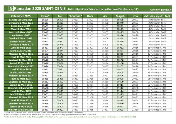 Calendrier 2025 pour le mois de ramadan avec les dates de début et de fin ainsi que celles des prières, thème vert.
