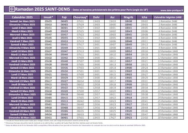 Calendrier 2025 pour le mois de ramadan avec les dates de début et de fin ainsi que celles des prières, thème violet.