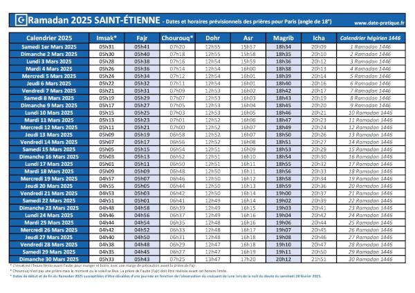 Ramadan 2025 : dates, calendrier et heures des prières pour la ville de Saint-Étienne