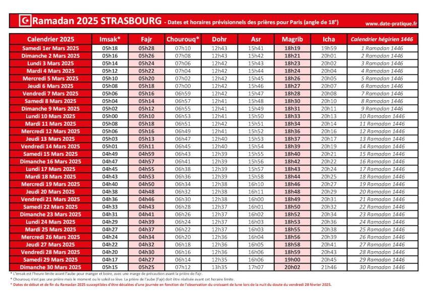 Calendrier 2025 pour le mois de ramadan avec les dates de début et de fin ainsi que celles des prières, thème rouge.