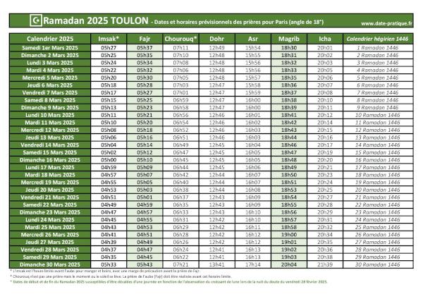 Calendrier 2025 pour le mois de ramadan avec les dates de début et de fin ainsi que celles des prières, thème vert.