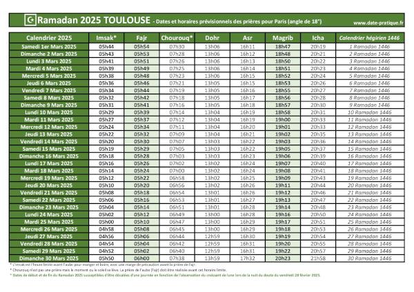 Calendrier 2025 pour le mois de ramadan avec les dates de début et de fin ainsi que celles des prières, thème vert.