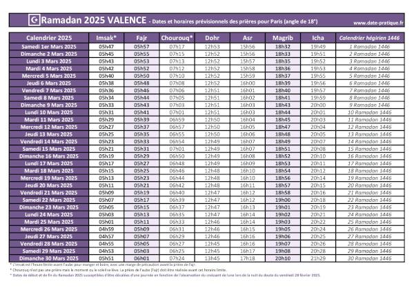 Calendrier 2025 pour le mois de ramadan avec les dates de début et de fin ainsi que celles des prières, thème violet.