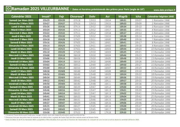 Calendrier Ramadan 2025 pour Villeurbanne avec les horaires du jeûne quotidien et des cinq prières obligatoires, thème vert.