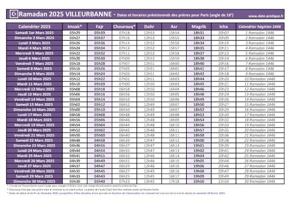 Calendrier 2025 pour le mois de ramadan avec les dates de début et de fin ainsi que celles des prières, thème violet.
